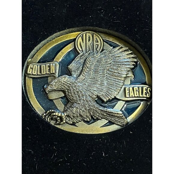 National Rifle Association NRA Golden Eagle Belt Buckle Brass Blue Enamel Vtg - Picture 2 of 10